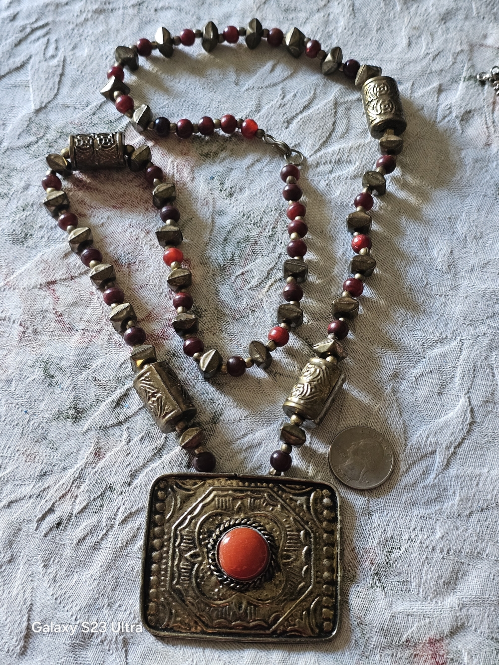 Handcrafted Boho Red and Antique Gold Pendant Necklace